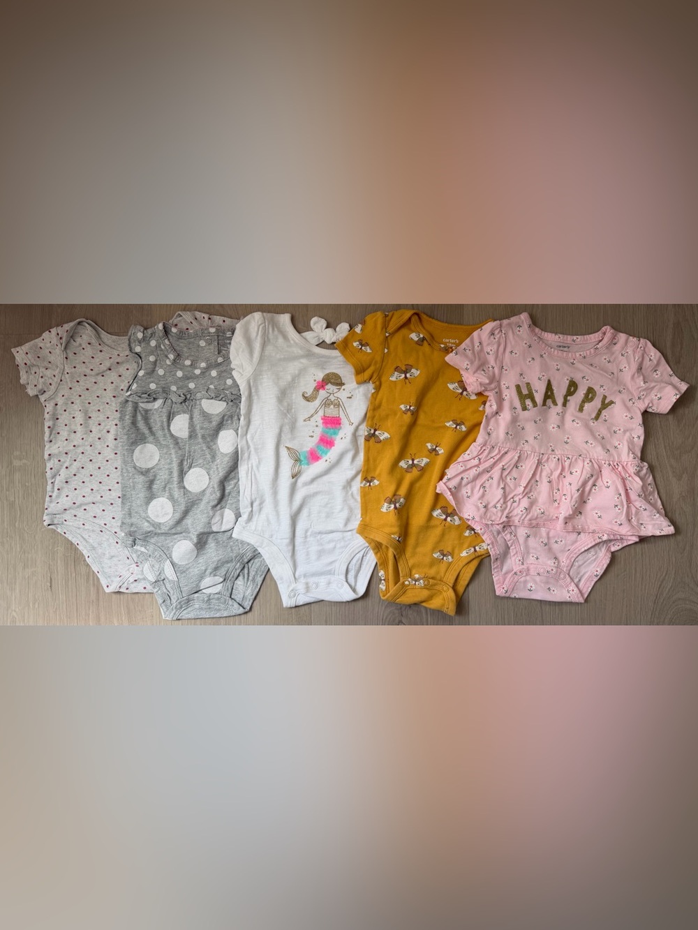 5 Carter’s 18m Bodysuits Short Sleeve Baby Girl Happy Mermaid Butterfly Polkadot